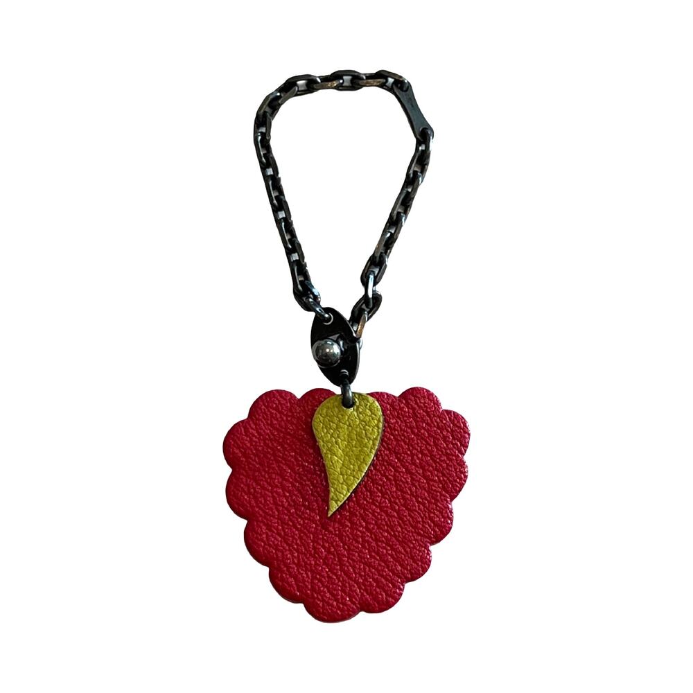 Hermes Paris Raspberry Leather Bag Charm Keychain Red Green Chain Vintage